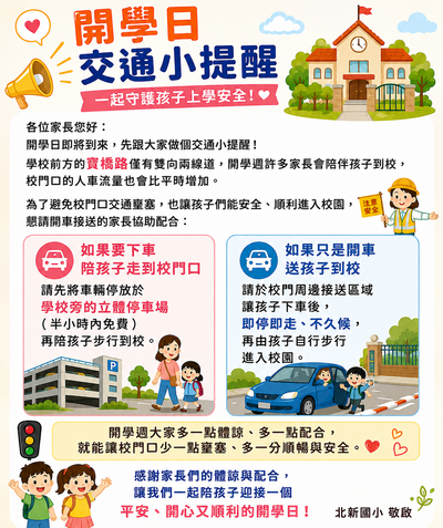 如果要下車陪孩子走到校門口 請先將車輛停放於學校旁的立體停車場（半小時內免費），再陪孩子步行到校。  🚙 如果只是開車送孩子到校 請於校門周邊接送區域讓孩子下車後，即停即走、不久候，再由孩子自行步行進入校園。